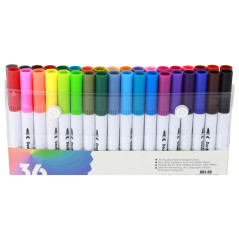 Set med 36 dubbelsidiga pennor i olika färger i en organisatör.