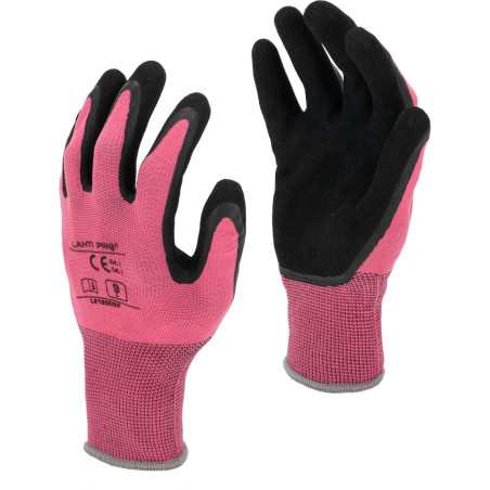 Latexhandskar rosa-svarta l212009p, kort, '9', ce, Lahti