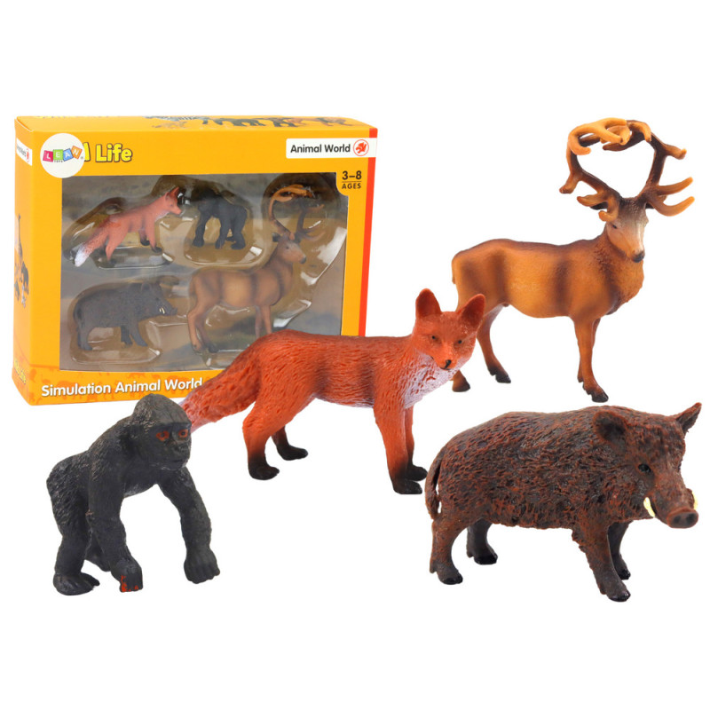 Set av skogsdjur figurer: hjort, vildsvin, räv, gorilla.