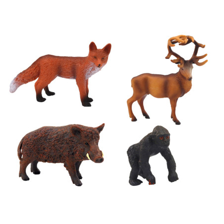 Set av skogsdjur figurer: hjort, vildsvin, räv, gorilla.