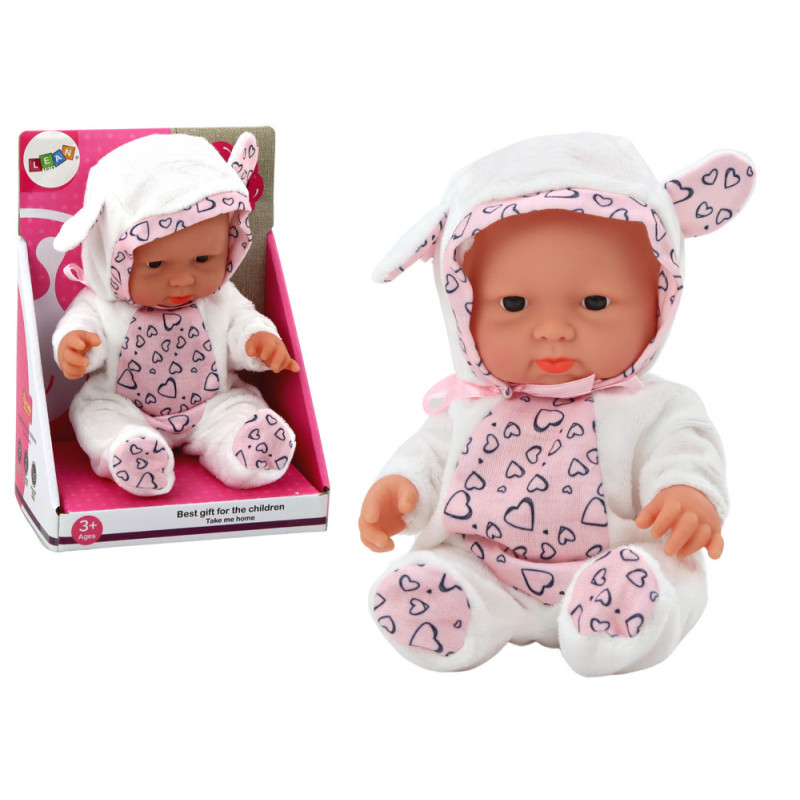 Liten docka, vit klänning, mössa, rosett, öron