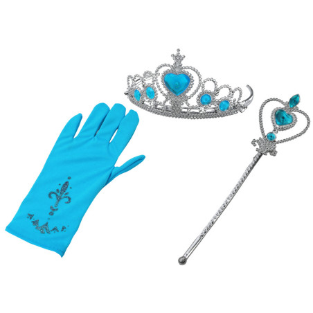 Set av prinsessans tillbehör: trollstav, handske, krona, snödrottningens krona.