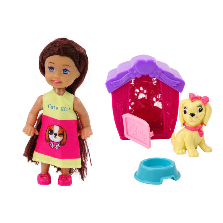 Liten docka Långt hår Färgglad klänning Hundkoja