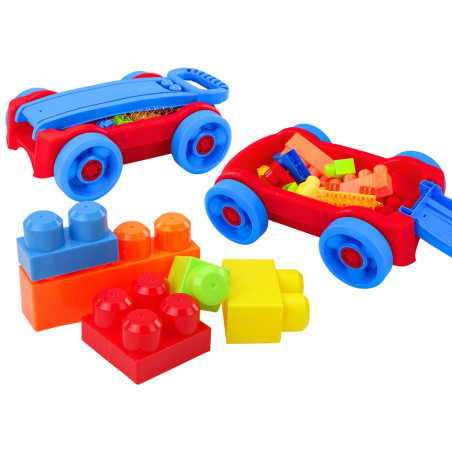 Set med klossar i vagn på hjul blå-röd