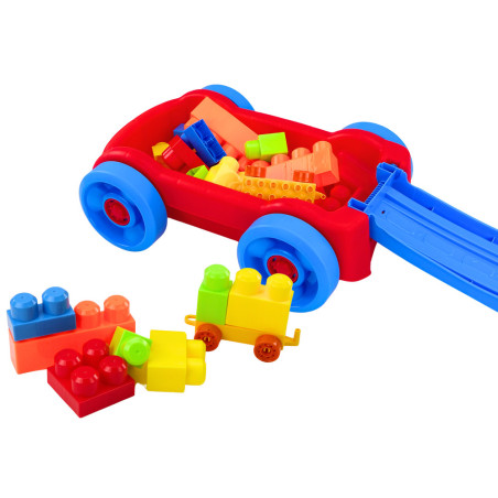 Set med klossar i vagn på hjul blå-röd