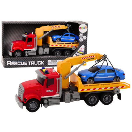 Lastbil med lyftkran för bilar, ljus, ljud och röd framdrift.