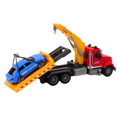 Lastbil med lyftkran för bilar, ljus, ljud och röd framdrift.