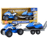 Fyrhjuling med båttrailer och vattenskoter