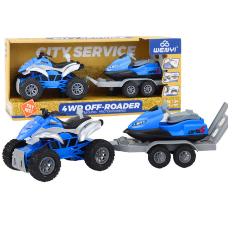 Fyrhjuling med båttrailer och vattenskoter