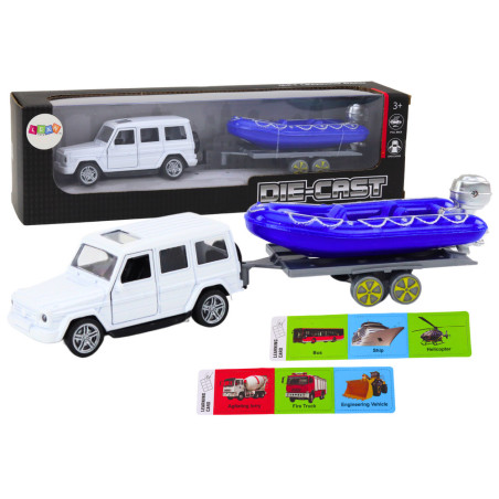 Terrängbil med släpvagn och motorbåt metall vit blå