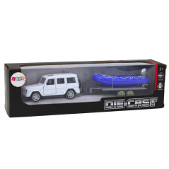 Terrängbil med släpvagn och motorbåt metall vit blå