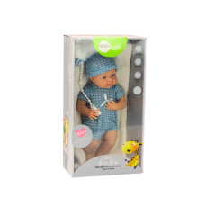 Dockan Bobas i blå kläder, mössa, napp och filt