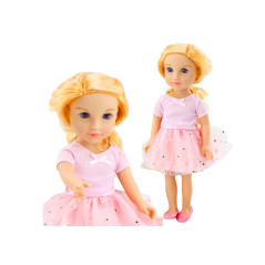 Docka i rosa klänning med tyll, blont hår.