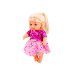 Dockan i rosa klänning, kissande flaska skallra ljud.