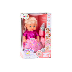 Dockan i rosa klänning, kissande flaska skallra ljud.