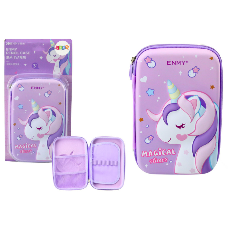 Stor Pennfodral med enhörning, fällbar 3D lila 23x15x5 cm
