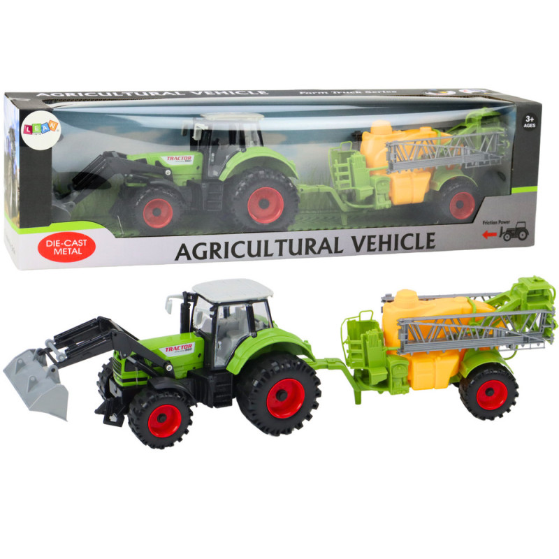 Jordbruks traktor med grön grävare och spruta.