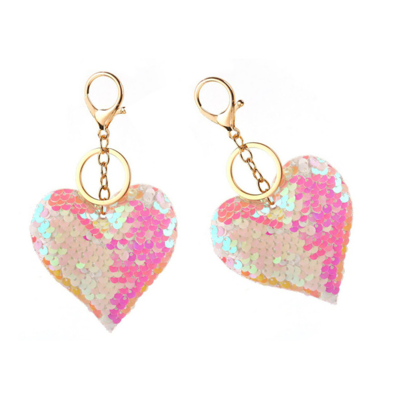 Nyckelring Hjärta Paljetter Dubbelsidig Vit Ljusrosa