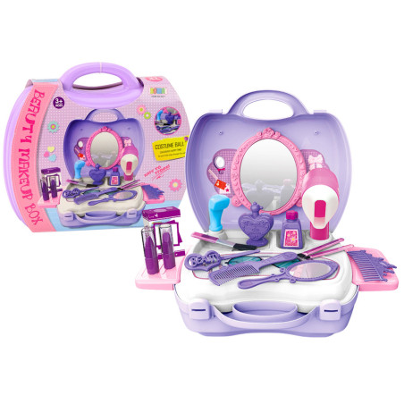 Skönhetssats för hår i lila väska med hårtork och spegel