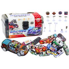 Biluppsättning i resväska med 25 stycken leksaksbilar och trafikskyltar.