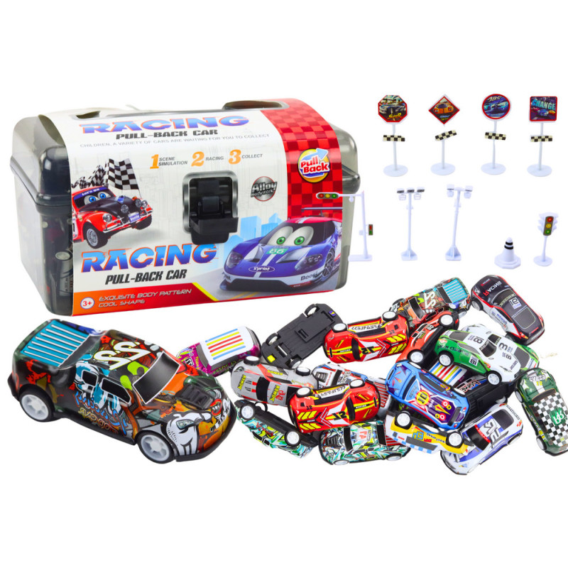 Biluppsättning i resväska med 25 stycken leksaksbilar och trafikskyltar.