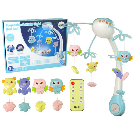 Karusell till spjälsäng med projektor, fjärrkontroll, melodier, djurljud, blå
