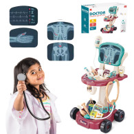 Medicinsk vagn med läkarbord och EKG-apparat.