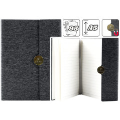 Anteckningsblock med magnetiskt fäste, linjerat A5-format med svart omslag.