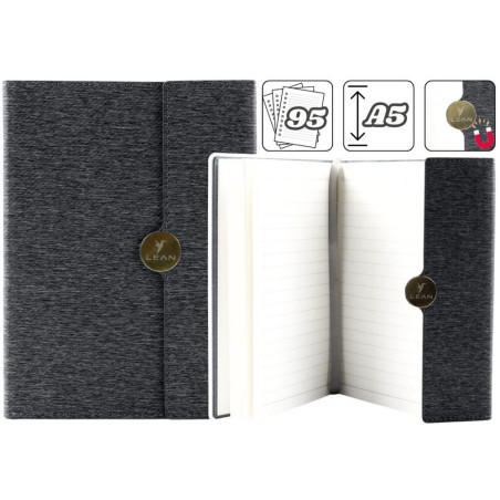 Anteckningsblock med magnetiskt fäste, linjerat A5-format med svart omslag.