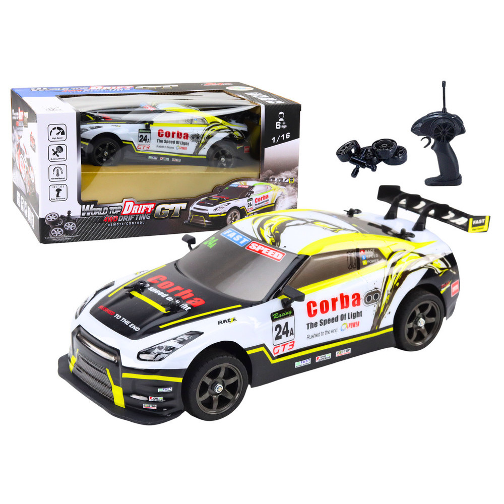 RC Racing Car 1:16 Drift med Utbytbara Hjul i Vit-Gul RC Racing Car 1:16 Drift med Utbytbara Hjul i Vit-Gul
