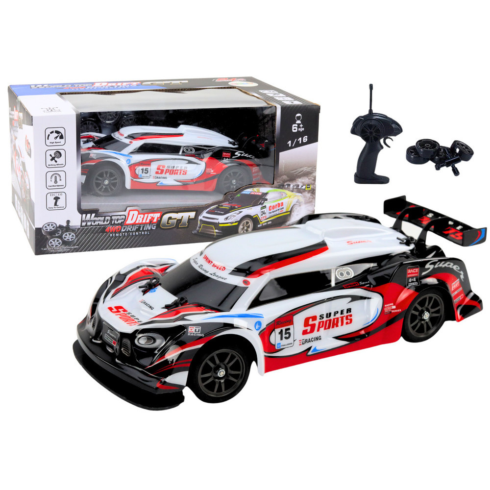 RC Racing Car 1:16 Drift med Utbytbara Hjul i Vit-Rött RC Racing Car 1:16 Drift med Utbytbara Hjul i Vit-Rött