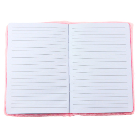 Mjuk anteckningsbok med linjer med en kanin som skriver Love i rosa.