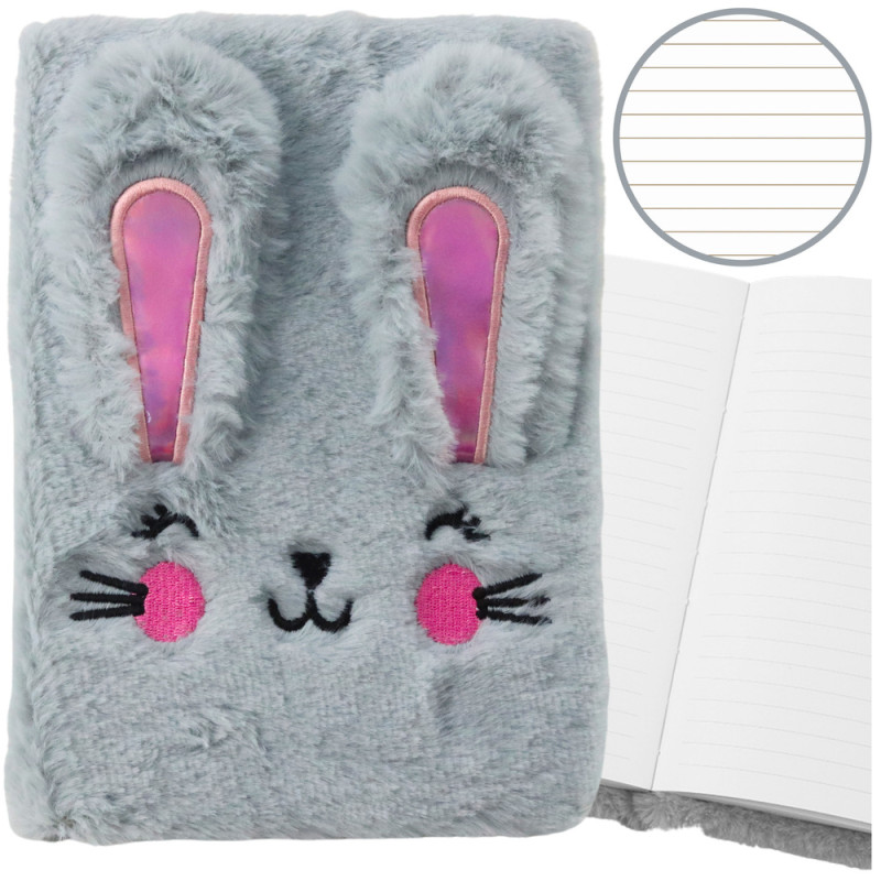 Mjuk pälsklädd anteckningsbok med linjerad sida och färgglad kanin A5