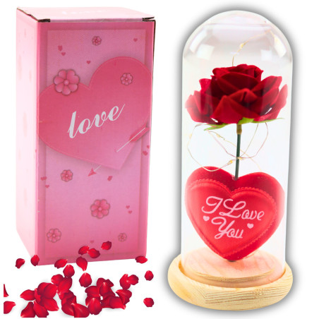 Den eviga rosen i kupolen med rött LED-ljus med hjärta 18,5x8cm.