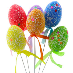 Påskägg på en liten stång, färgade vita mönsterband dekoration 6 st.