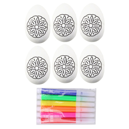 Påskägg av styropor att måla med blommönster och 6 st pennor.