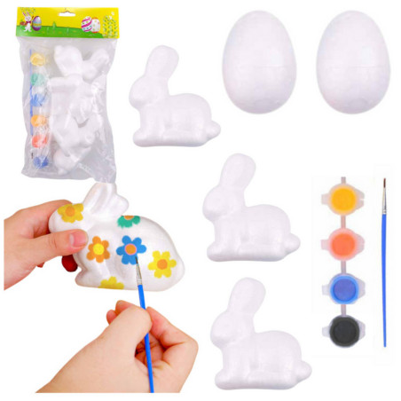 Målningsset för att dekorera styrofoamdekorationer: 3 harar, 2 ägg, färger.