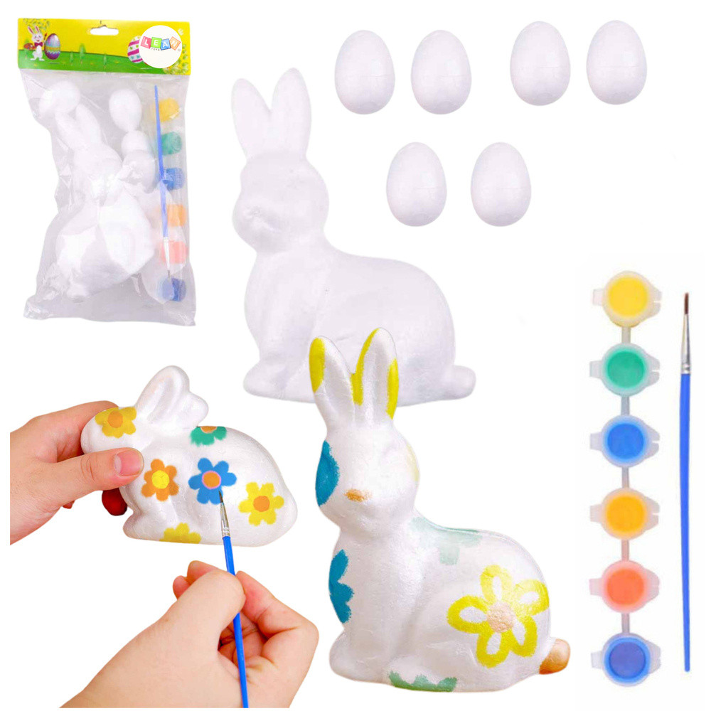 Påskset med 6 styroporägg, kaninfigur och färger
