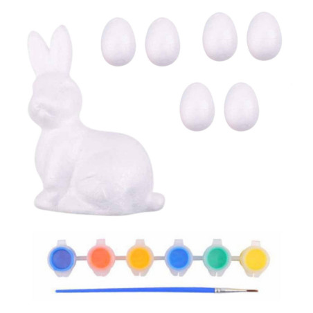 Påskset med 6 styroporägg, kaninfigur och färger