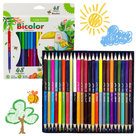 Set med dubbelsidiga trefärgade triangulära skolblyertspennor med 48 färger.