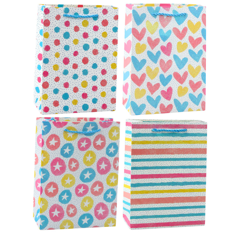 Presentpåse med hjärtan, stjärnor, prickar och ränder i färg 23 x 18 x 10,5 cm