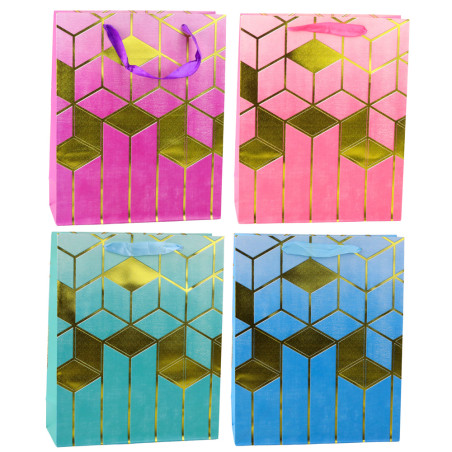 Presentpåse i papper med geometriska mönster i guld 32 x 26 x 12 cm