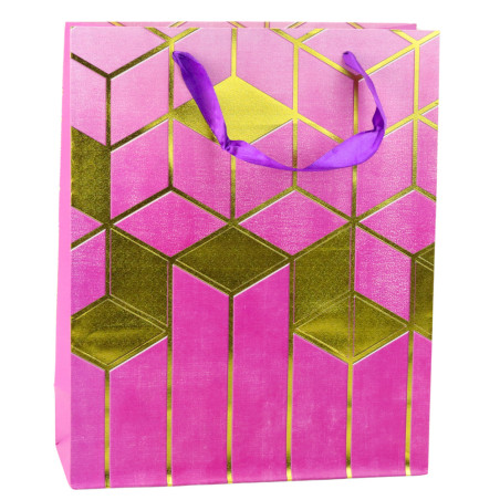 Presentpåse i papper med geometriska mönster i guld 32 x 26 x 12 cm