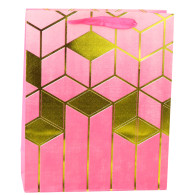 Presentpåse i papper med geometriska mönster i guld 32 x 26 x 12 cm