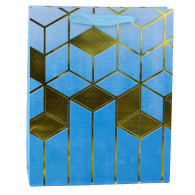 Presentpåse i papper med geometriska mönster i guld 32 x 26 x 12 cm