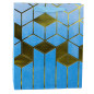 Presentpåse i papper med geometriska mönster i guld 32 x 26 x 12 cm