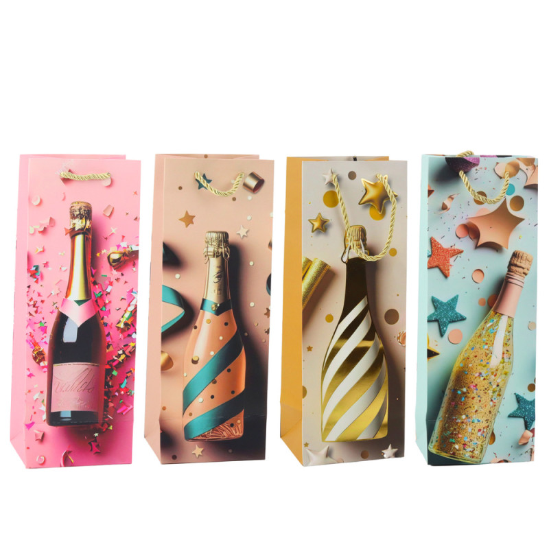 Papperspresentpåse för champagneflaska, pastellfärgad, 35 x 12 x 9 cm.