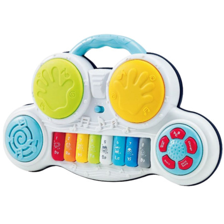 Interaktivt pedagogiskt piano med färgglada trummande djurljud