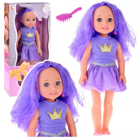 Dockan i klänning med krona Långt lila hår Borste 38cm