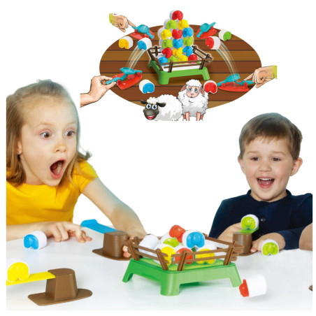 Familje- och färgglada hoppande får i ett skicklighetsspel